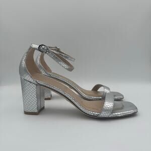 Stuart Weitzman Silver Snake Embossed Leather Ankle Strap Sandals – Size 8.5